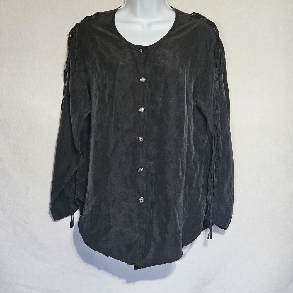 Figi Sport 90s Open Arm Fringe Sleeve Button Down Black Silk Blouse Sz SP